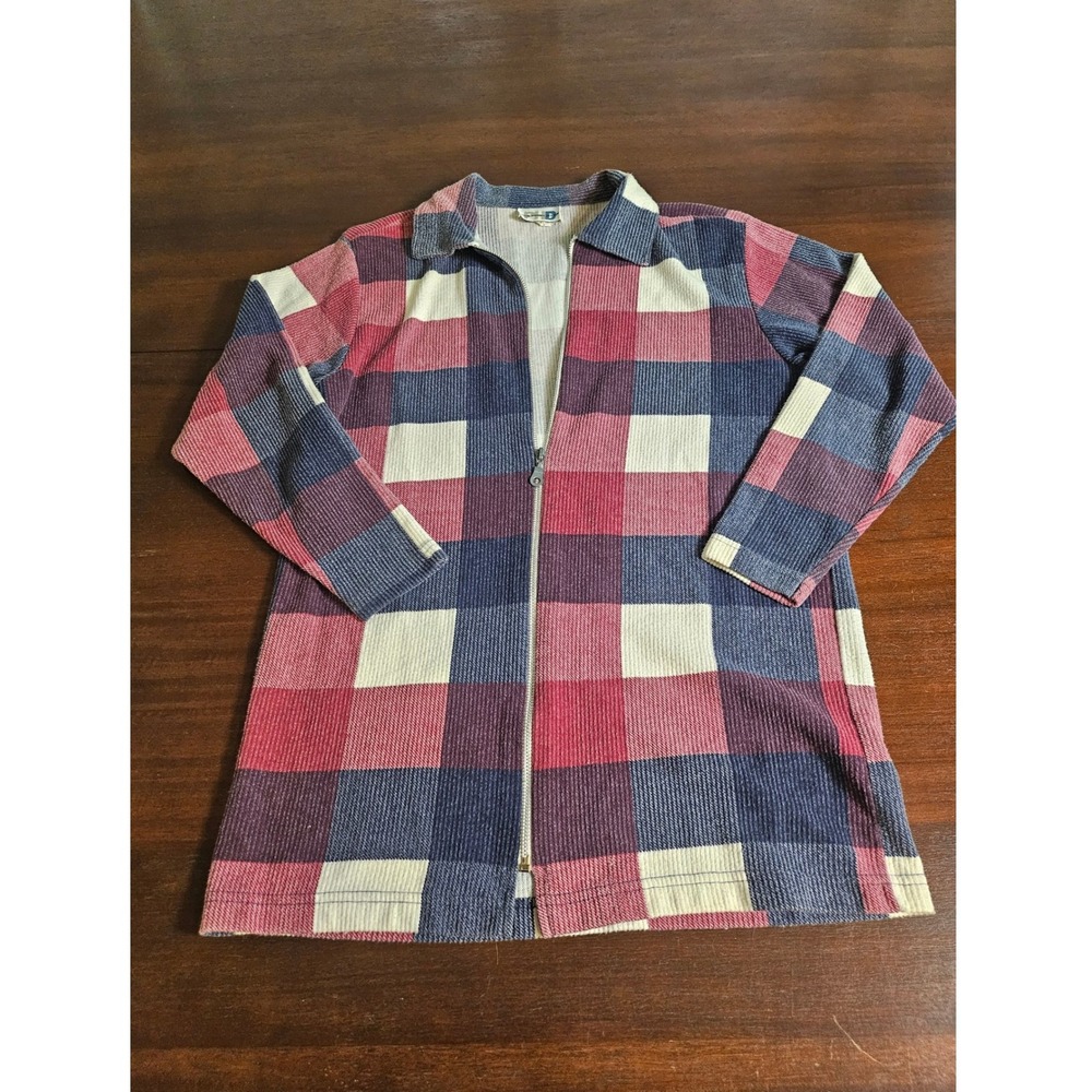 Paul Harris Design Zip Up Jacket Women Large Red Blue Plaid Ribbed Longline